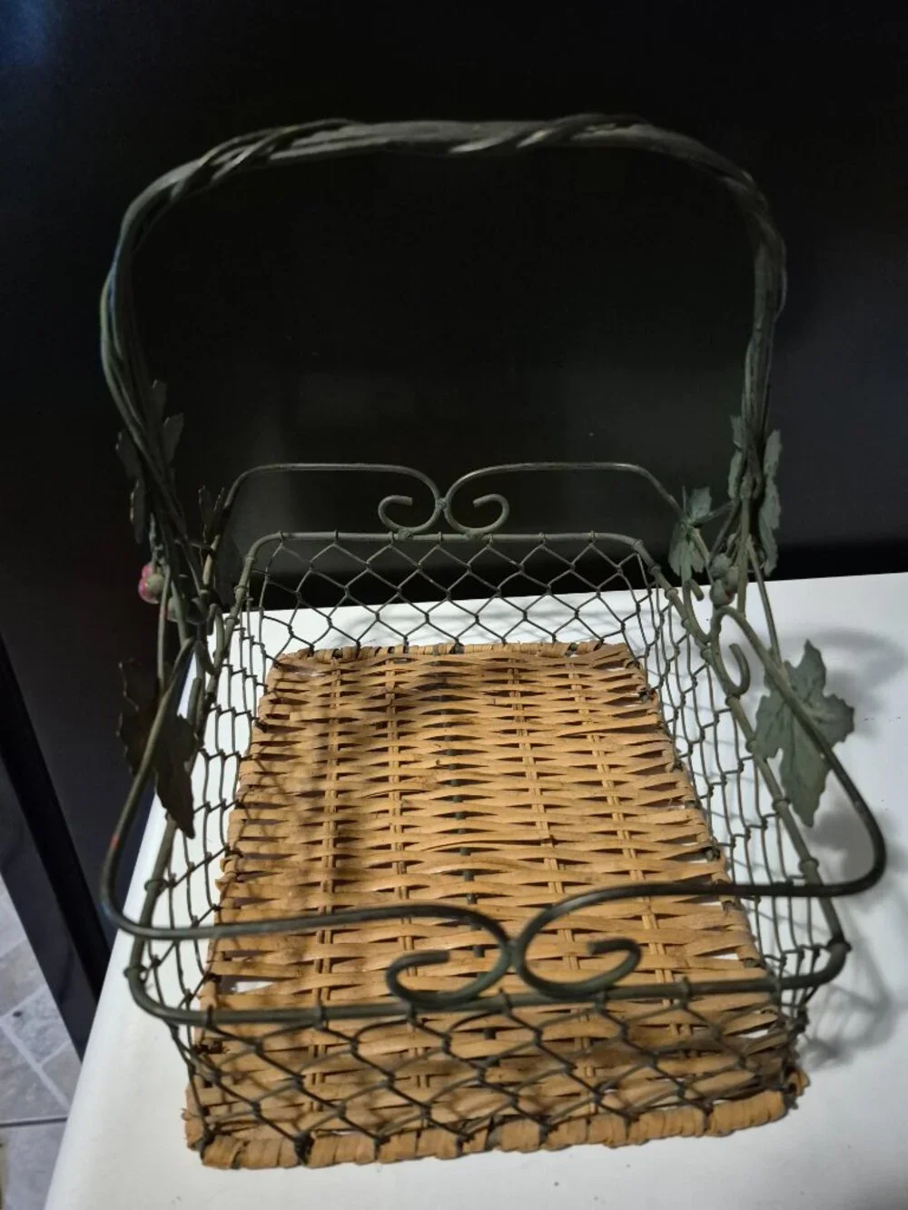 VINTAGE CHICKEN WIRE AND WICKER WRONGHT IRON BASKET